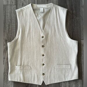 Perry Ellis Mens LARGE Linen Blend Suit Vest Natural Color Buttons Lined Wedding